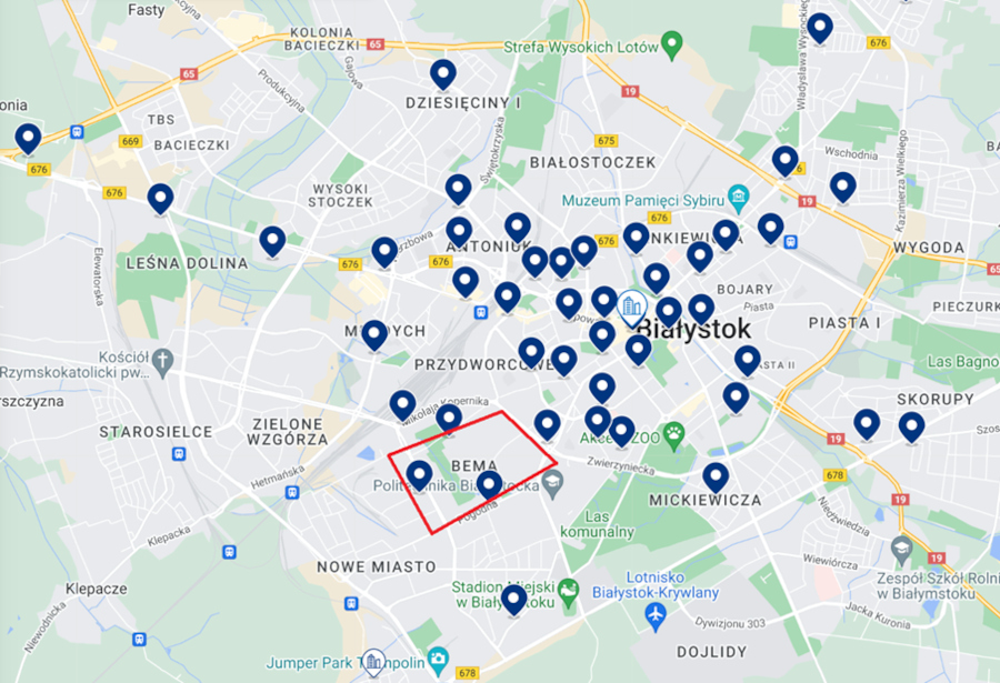map of Białystok with marked hotels